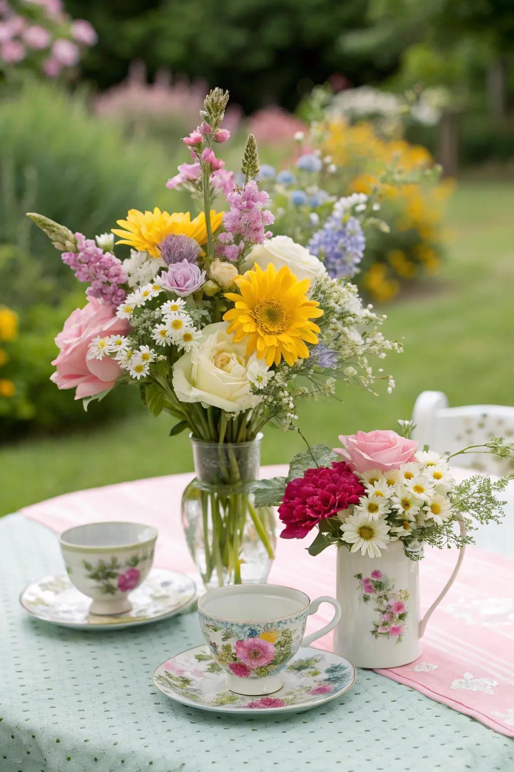 Garden-themed centerpieces bring natural beauty to the table.