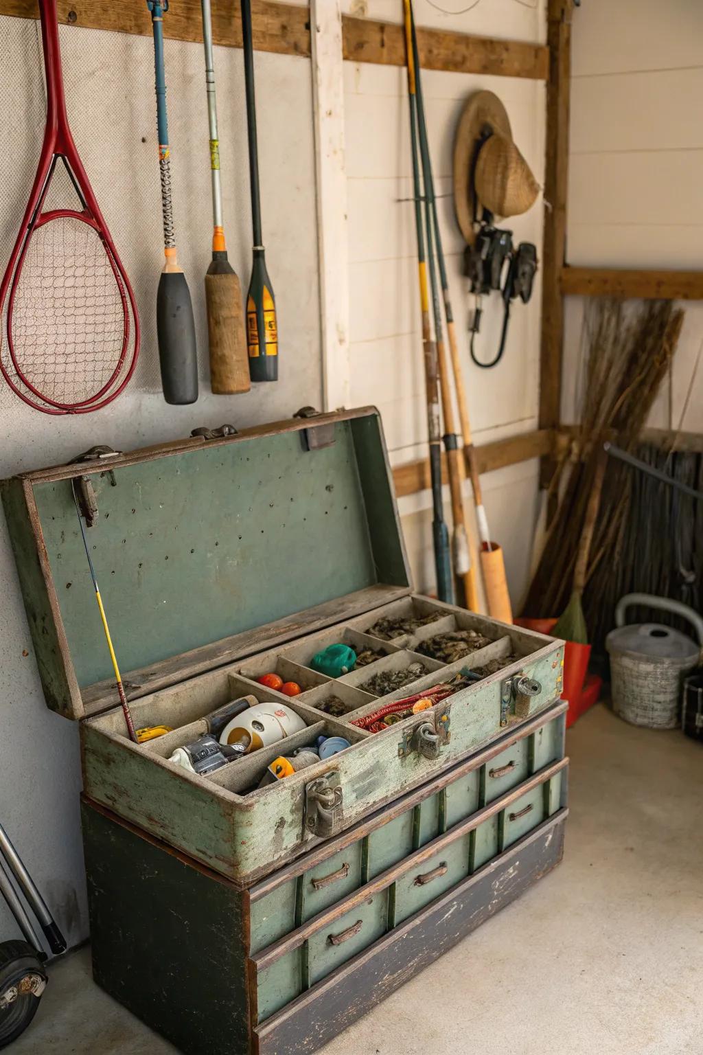 A tool chest provides organized storage for fishing gear.