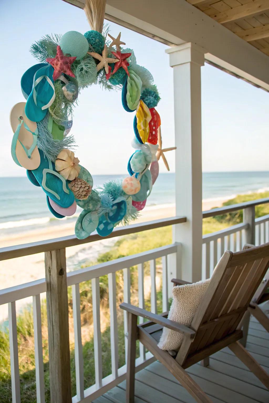 A seaside serenity flip flop wreath, perfect for a peaceful and calming entrance.