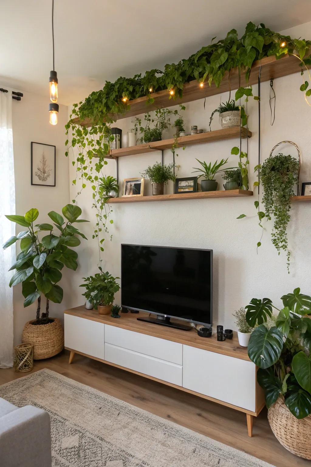 Plants on floating shelves introduce natural beauty and freshness to the TV area.