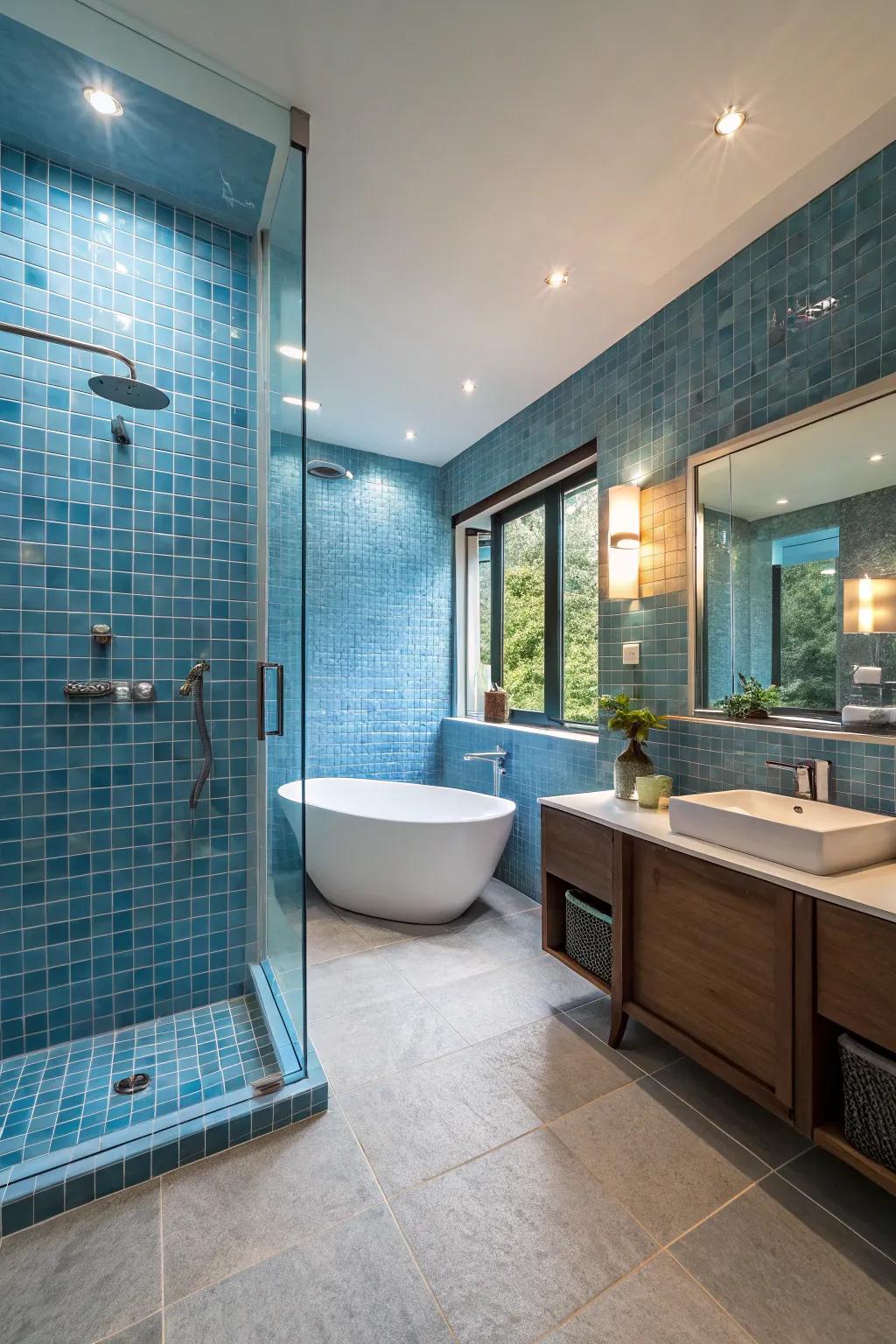 A bathroom that offers a tranquil escape with oceanic blue tiles.