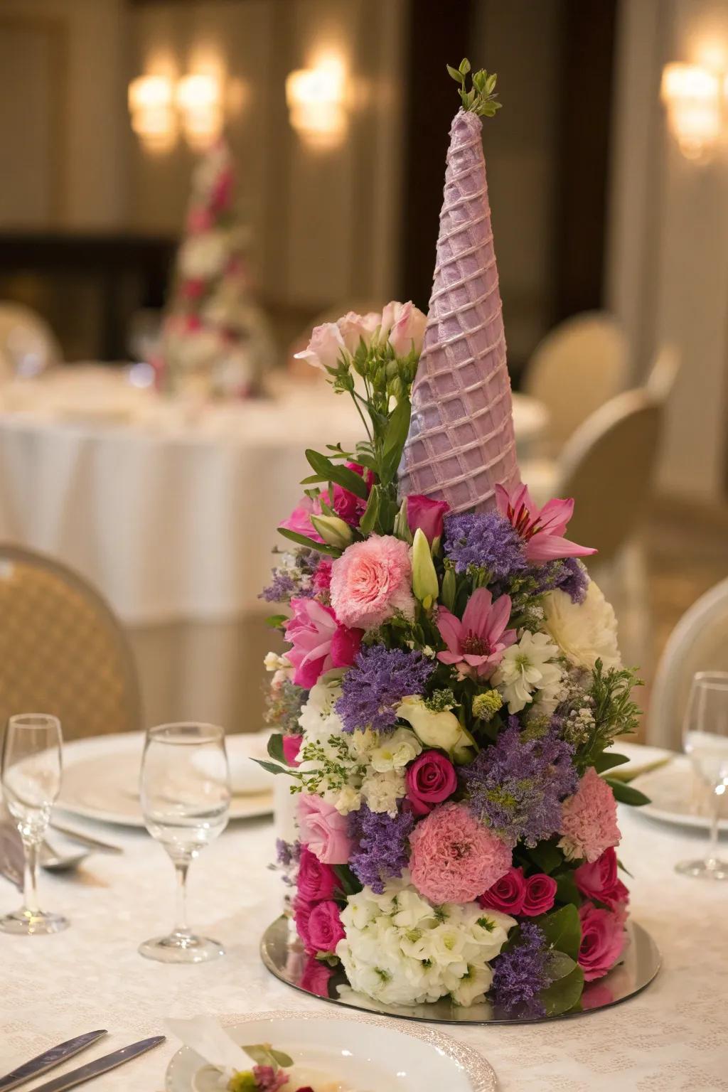 Cone-shaped floral arrangement for formal settings.