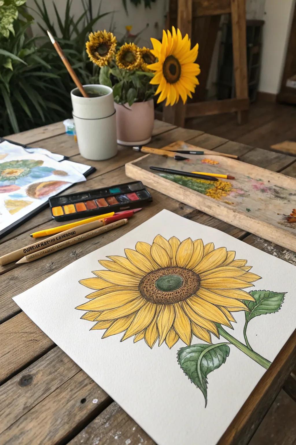 A bright sunflower drawing, full of life and energy.