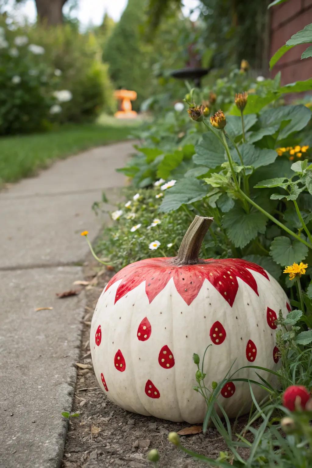 Strawberry pumpkins for a whimsical garden display.