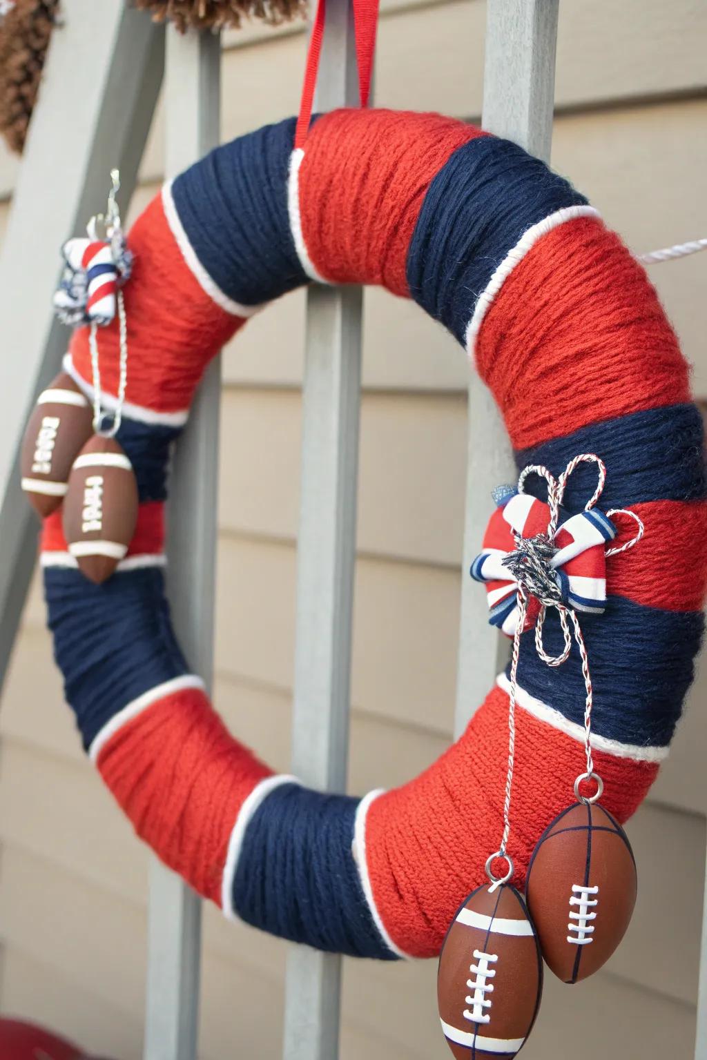 Cozy yarn wraps in team colors create a warm, inviting wreath.