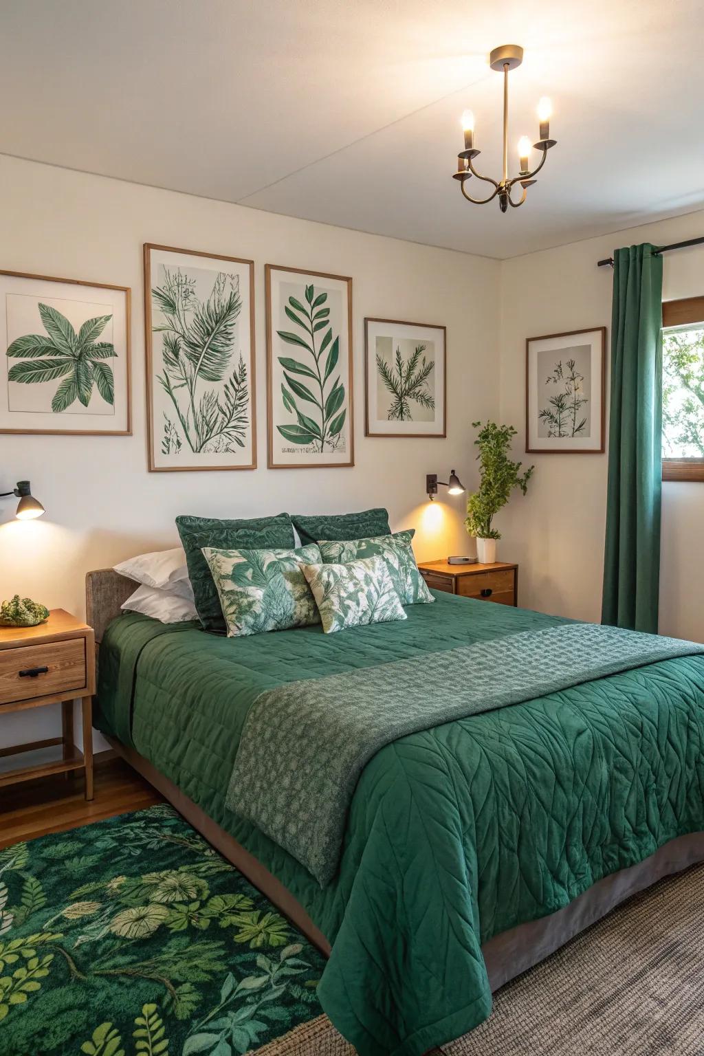 Artwork with green accents ties the room's decor together.