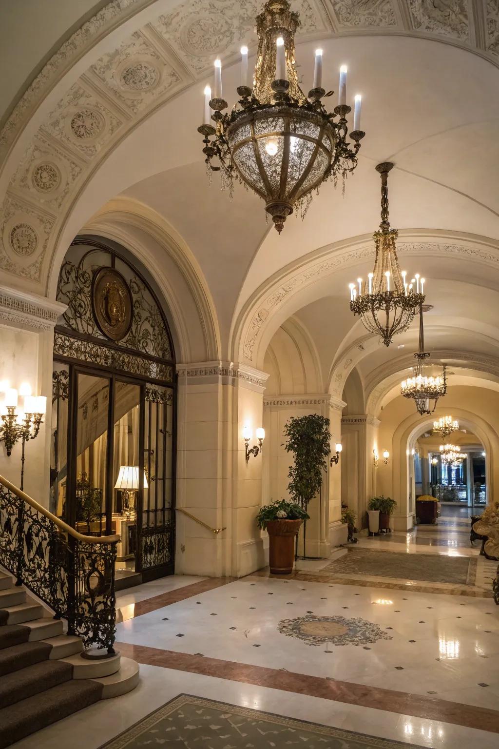 Lighting highlights the architectural features in this elegant foyer.