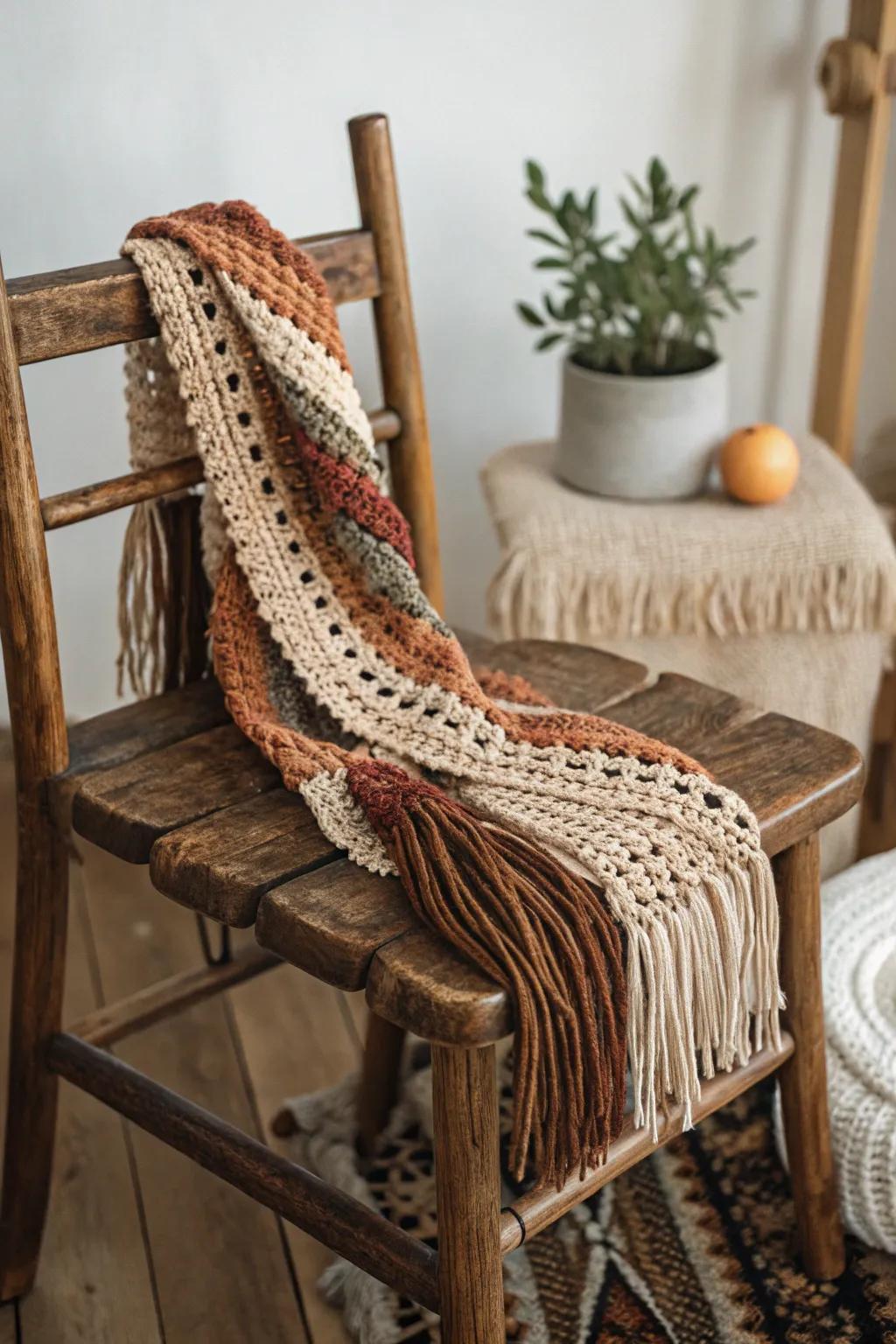 A fringed scarf adding boho charm to any outfit.