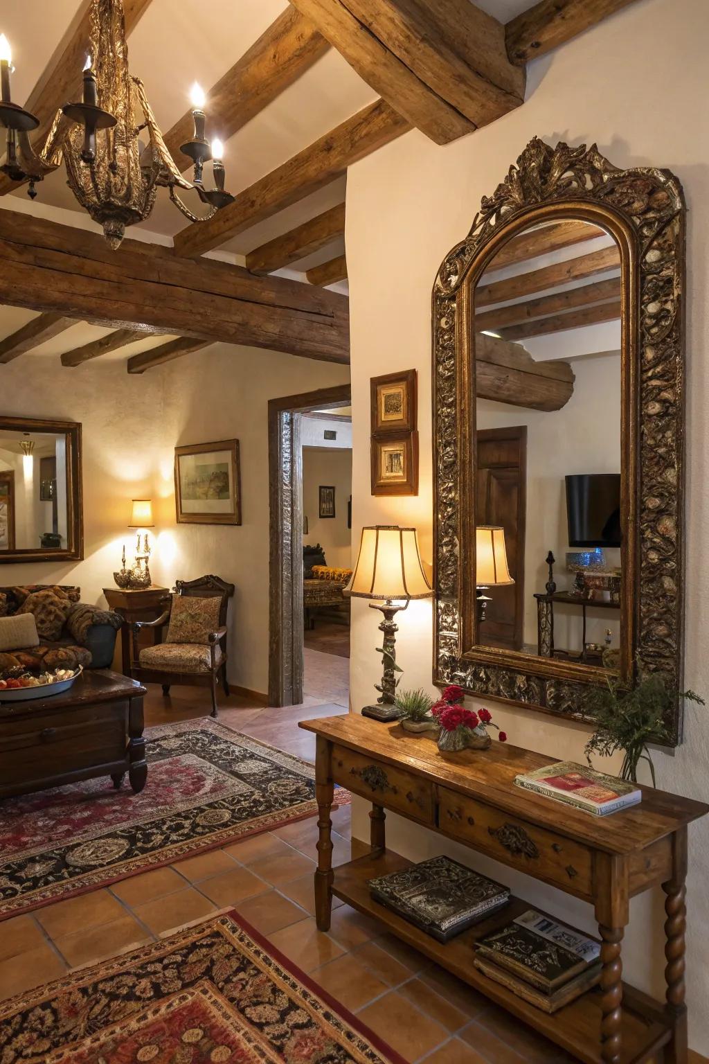 Ornate mirrors reflect light and add sophistication.