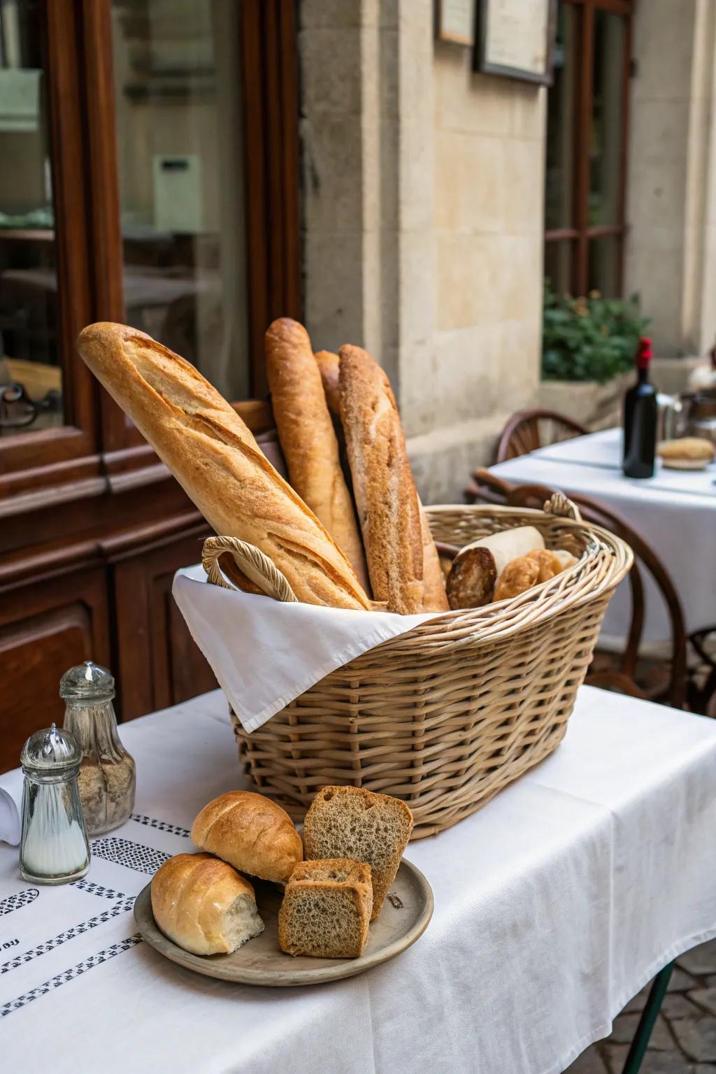 A woven basket filled with fresh baguettes adds a rustic touch to this French table.