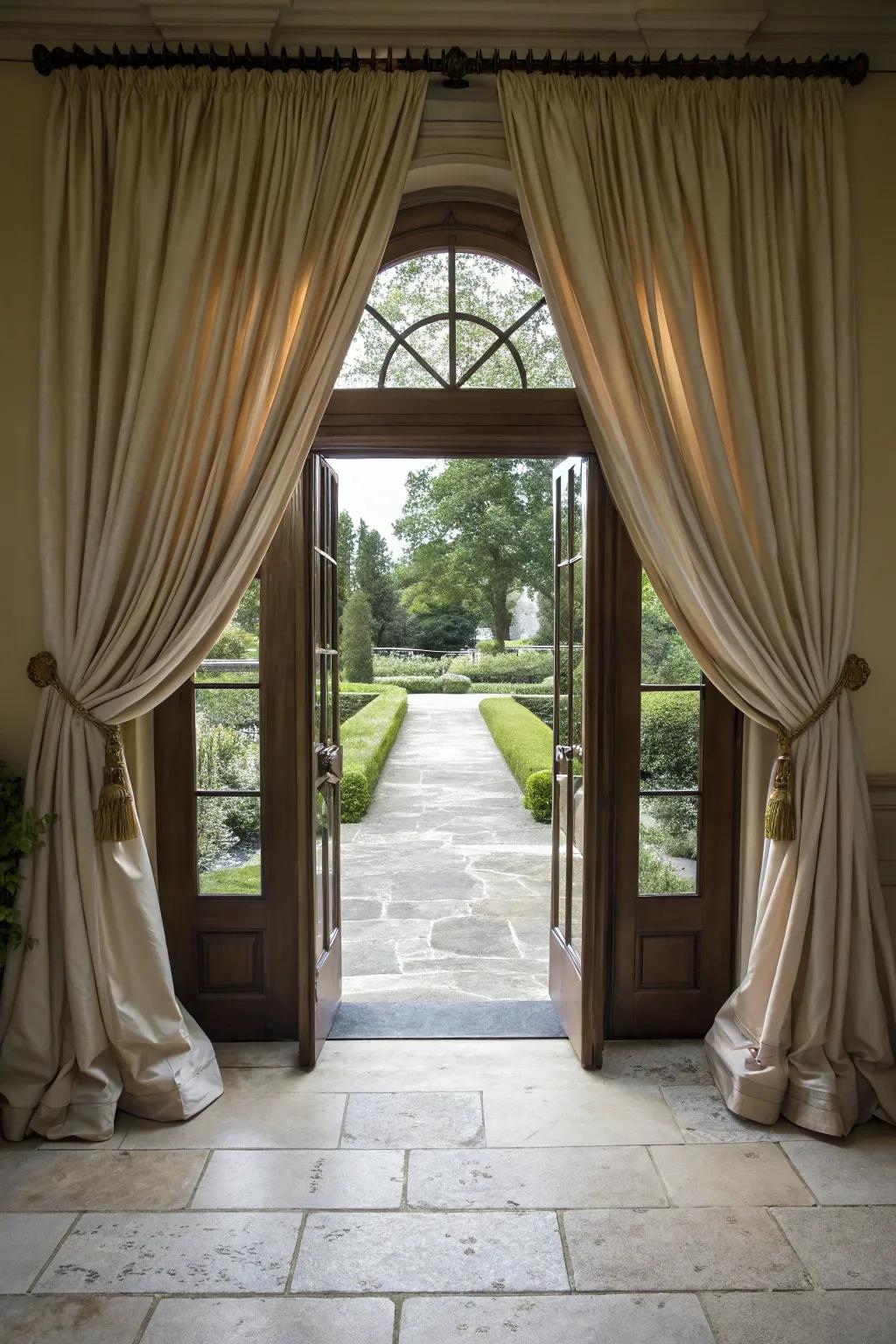 Drapery panels providing a touch of luxury to the front door.