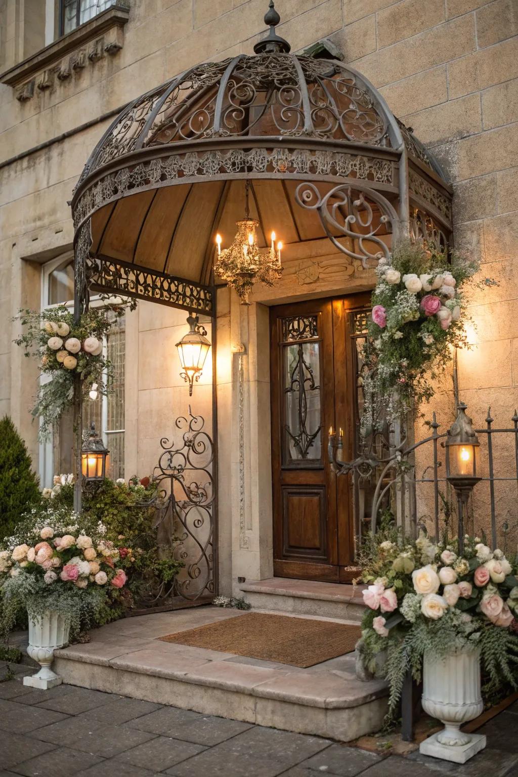 Vintage ironwork canopy adding romantic elegance to a historic home.