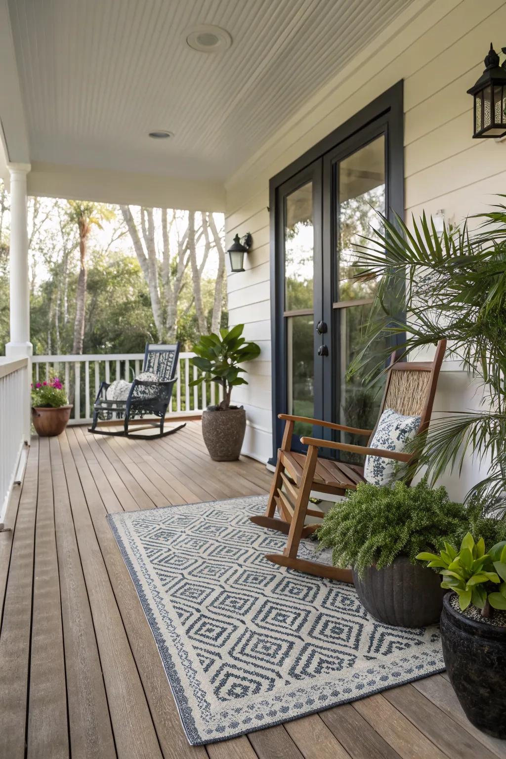 An indoor-outdoor rug adds warmth and style to this porch.