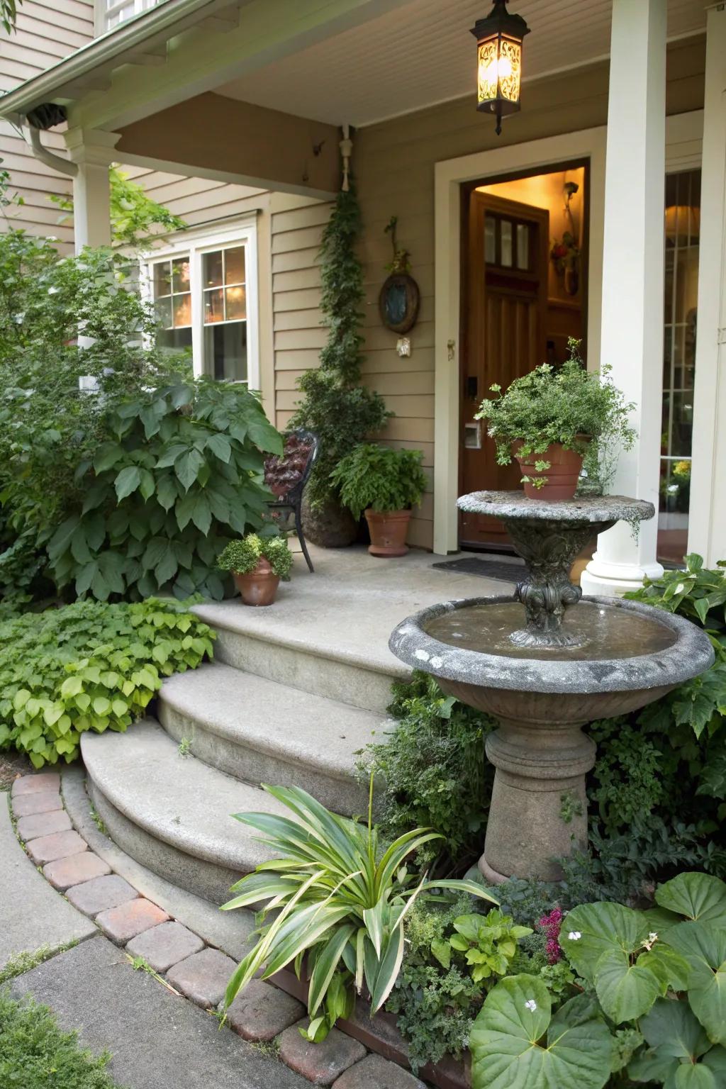 A water feature adds tranquility and soothing sounds to your front stoop.