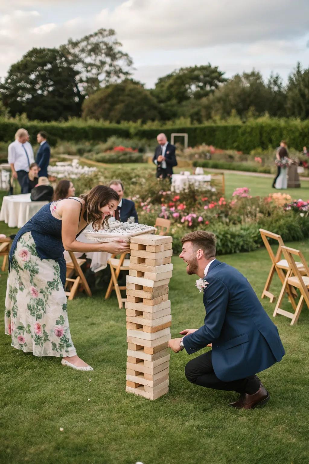 A giant Jenga game keeps guests entertained and laughing.