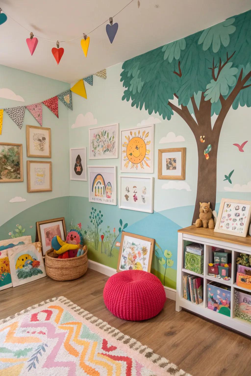 A gallery wall with an artistic backdrop using a mural in a kids' room.