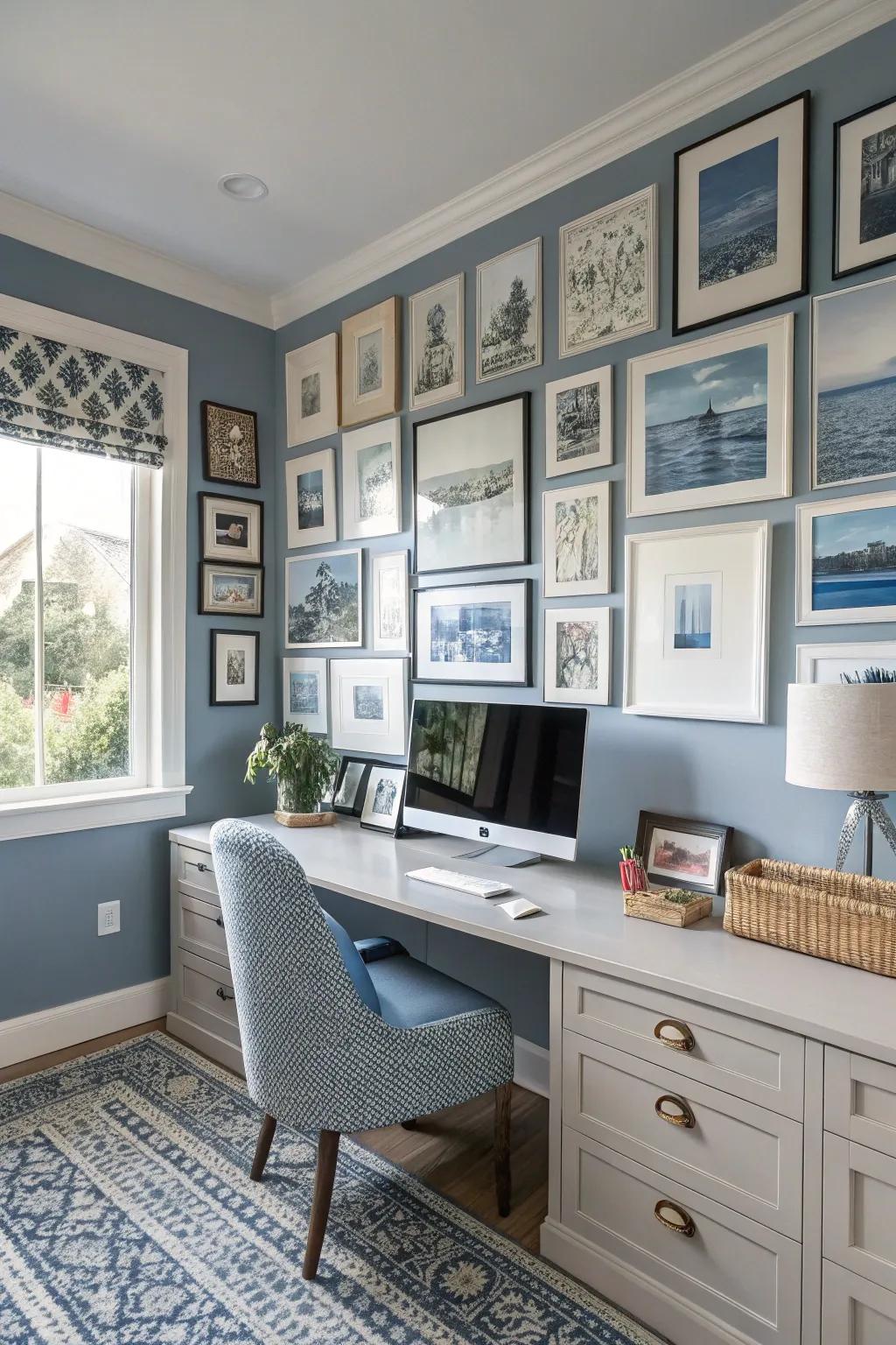 A harmonious color palette of blues and grays unifies this gallery wall.