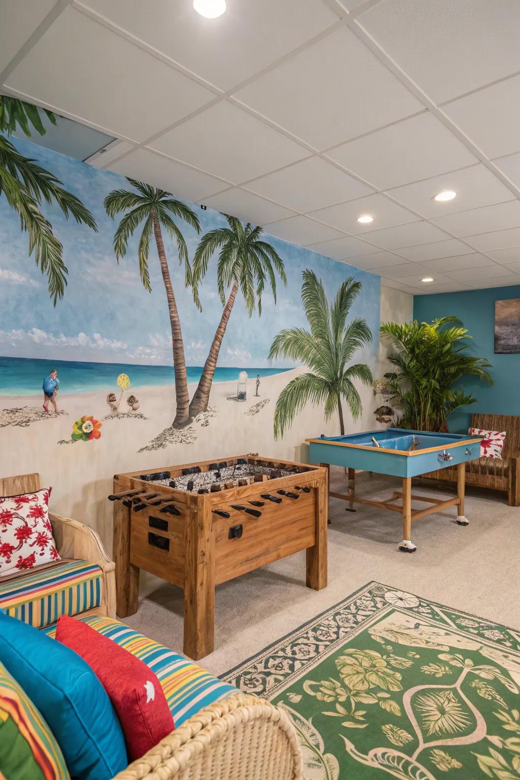 A tropical-themed game room mural for a beachy vibe.