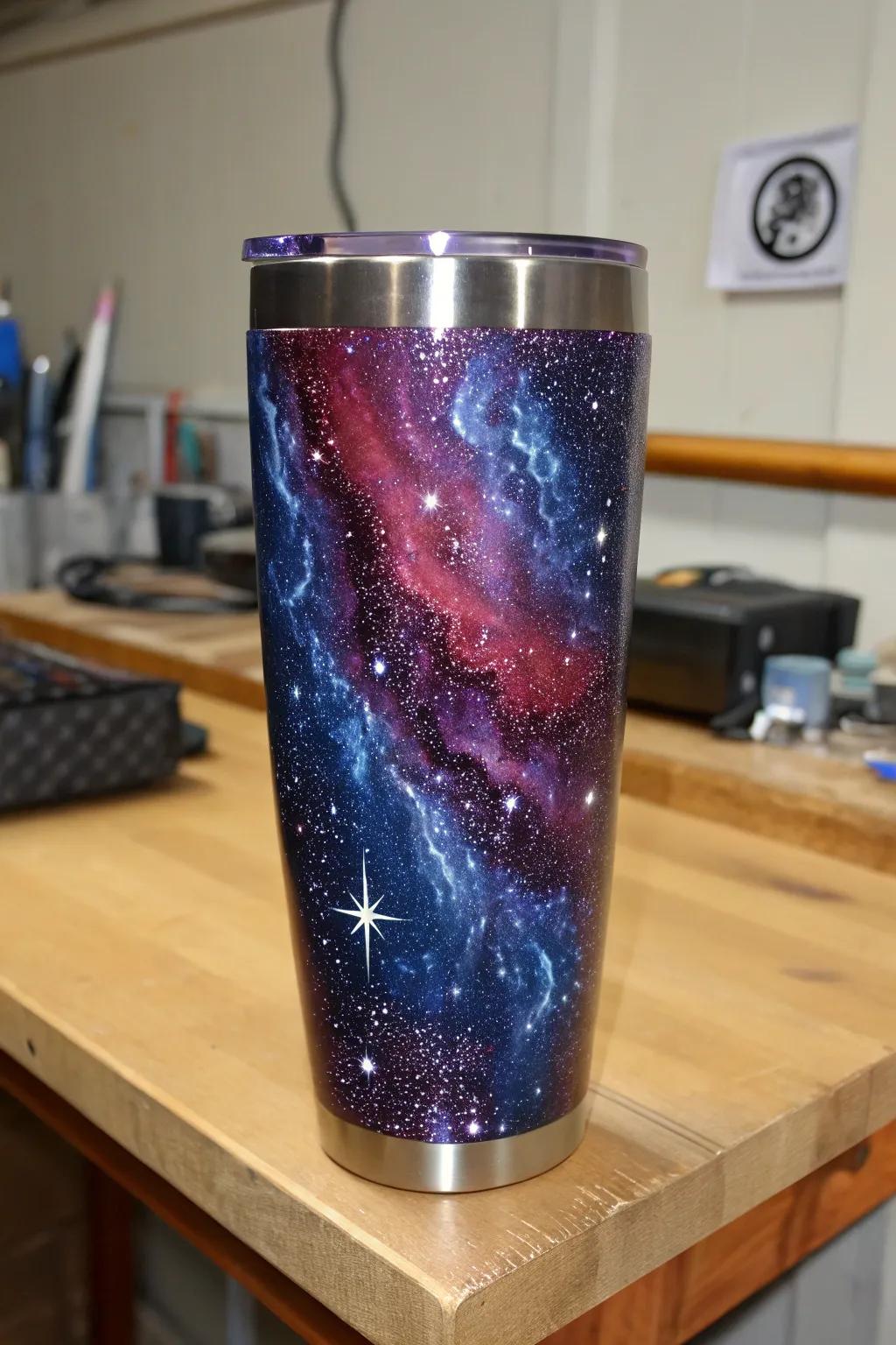 Elevate your sip with the cosmic allure of a galaxy-themed tumbler.