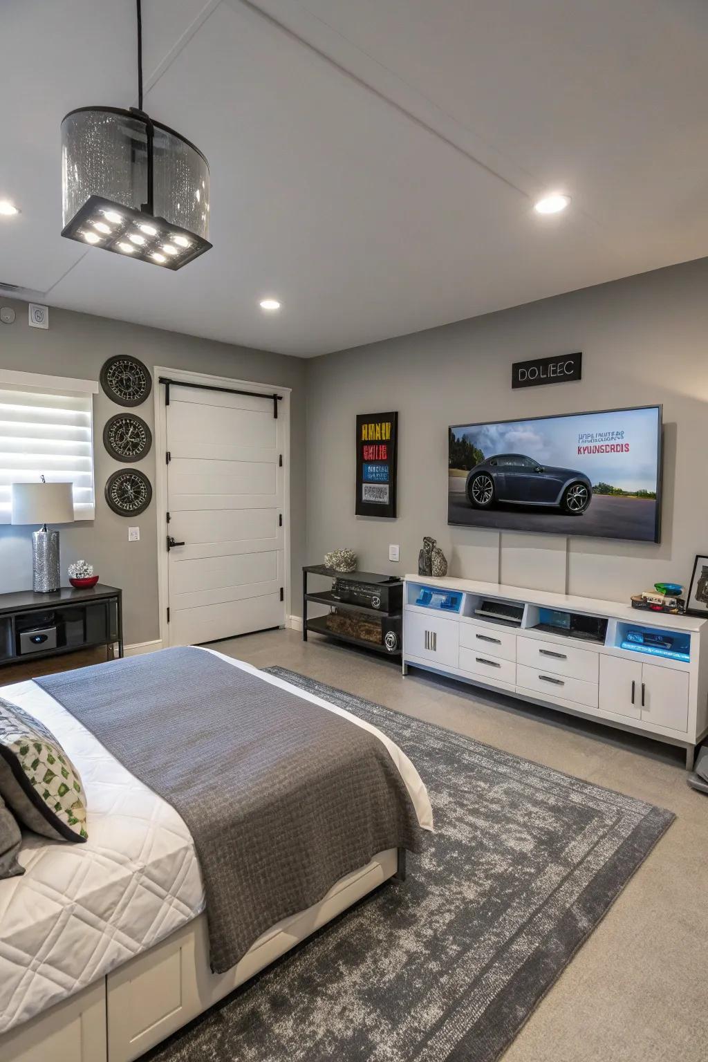 Smart technology adds convenience and modernity to a garage bedroom.