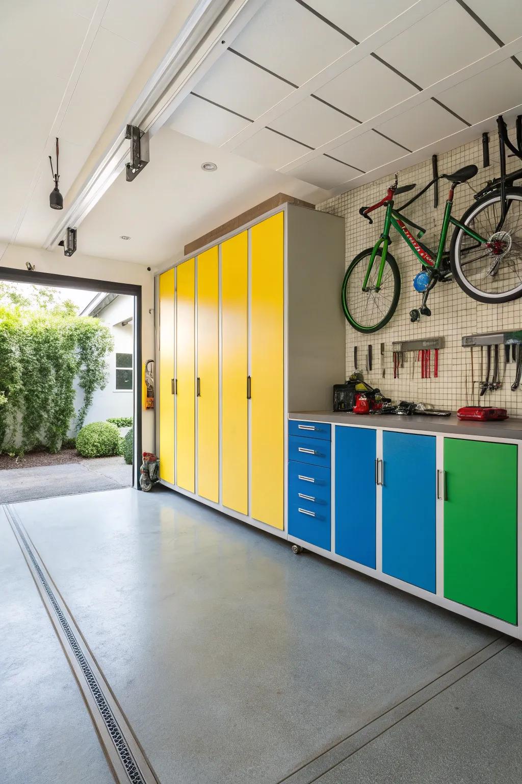 Colorful cabinets add a lively touch to any garage.