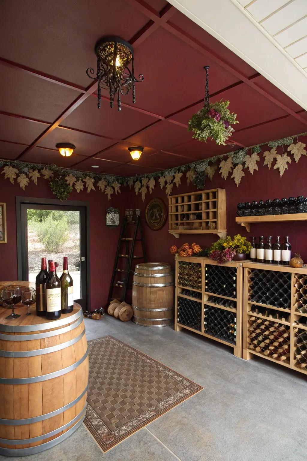 A rich burgundy ceiling adds a touch of luxury and warmth.