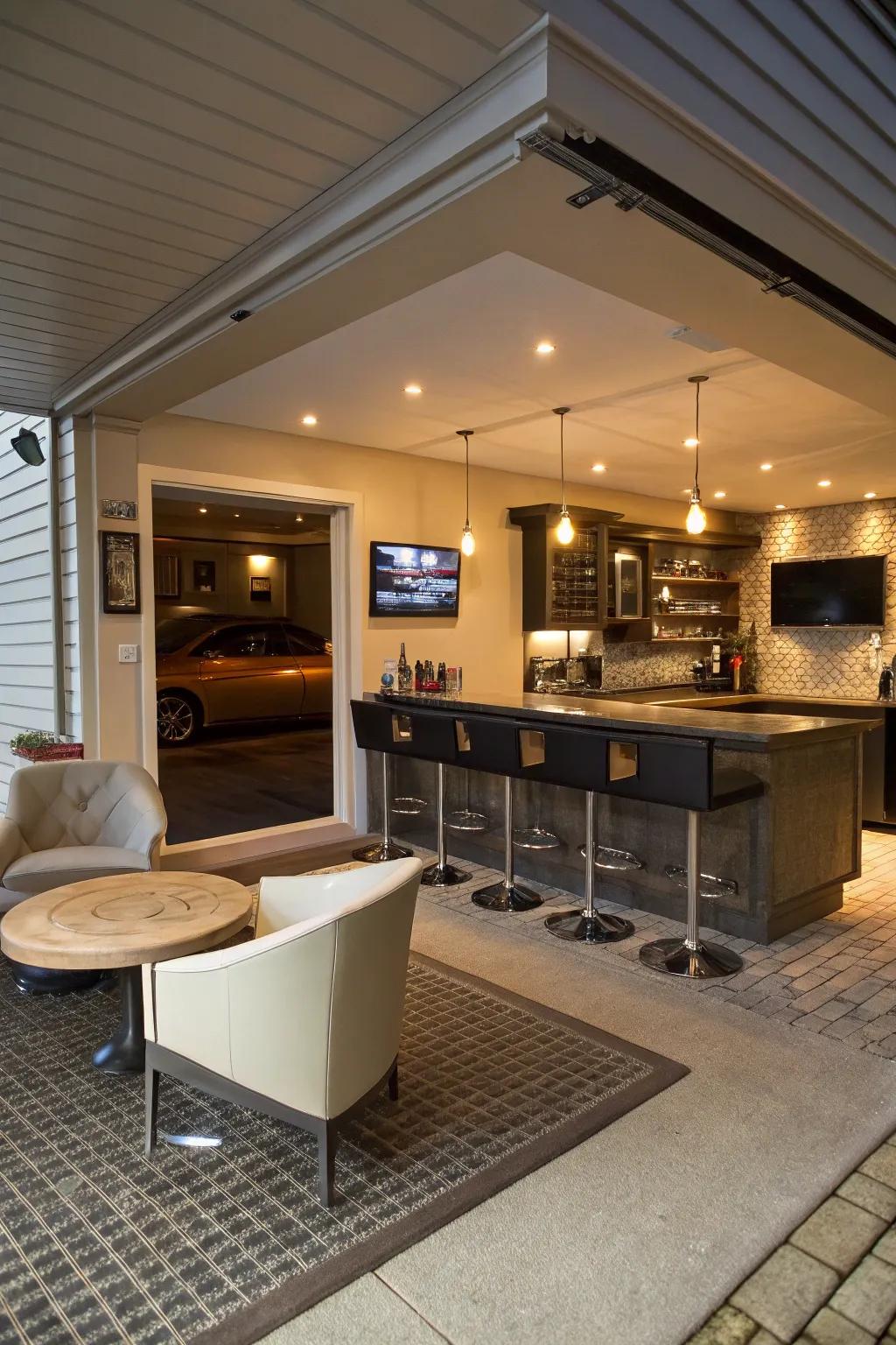 A stylish home bar perfect for entertaining, crafted from a garage conversion.