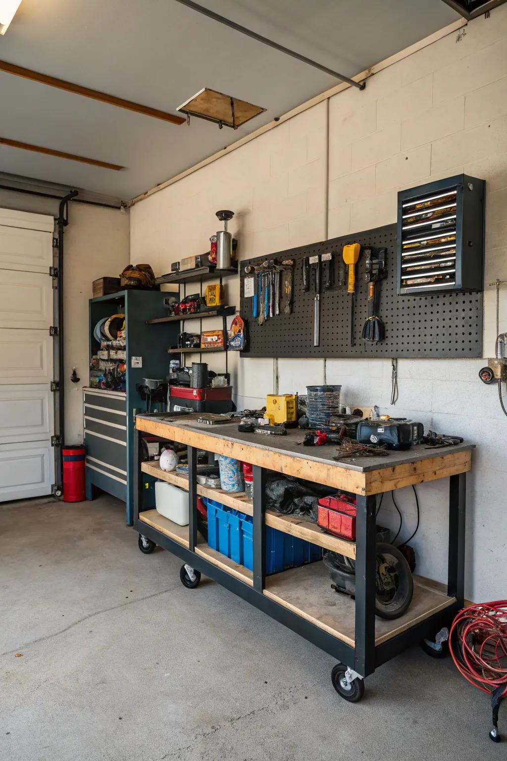 A rolling workbench provides a flexible workspace.