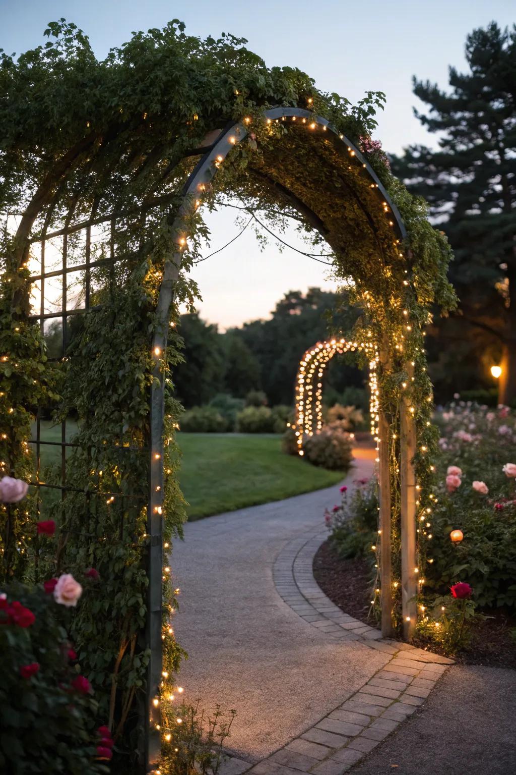 Add whimsy to your garden with a lit arch trellis.