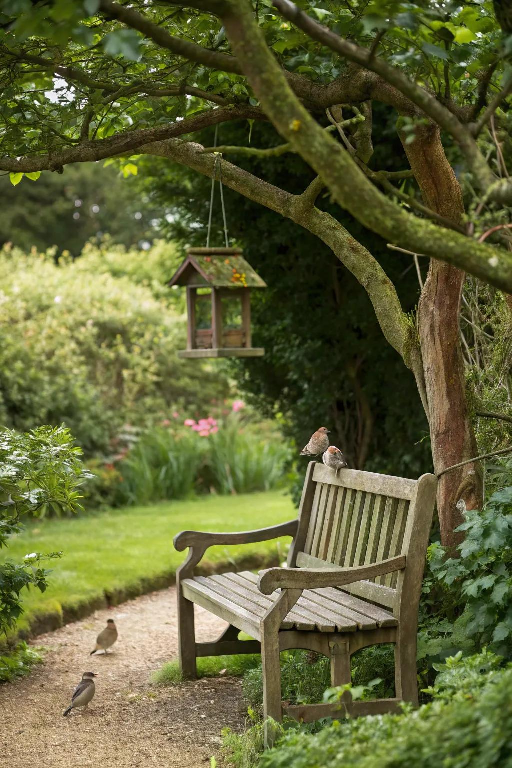 A bird feeder invites wildlife to your garden bench area.