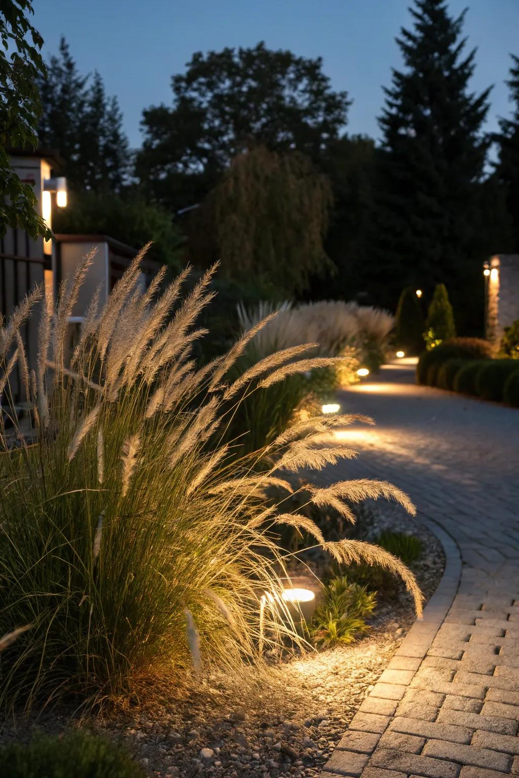 Spotlights emphasize the texture of ornamental grasses.