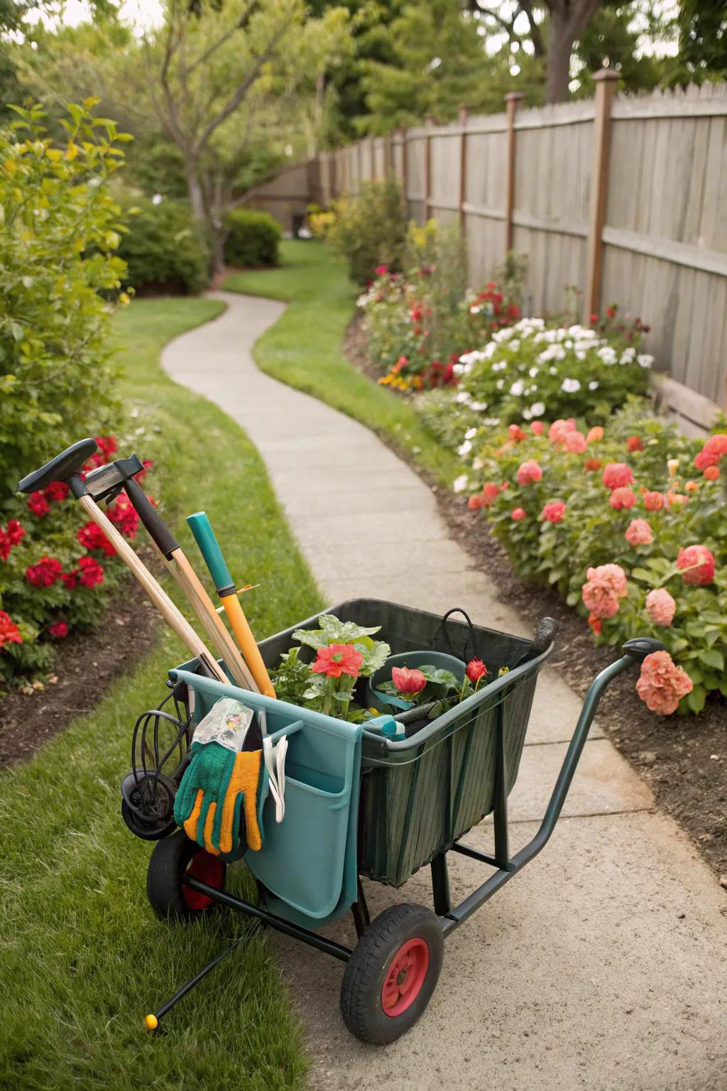 A rolling cart offers mobility and convenience for moving garden tools and supplies.