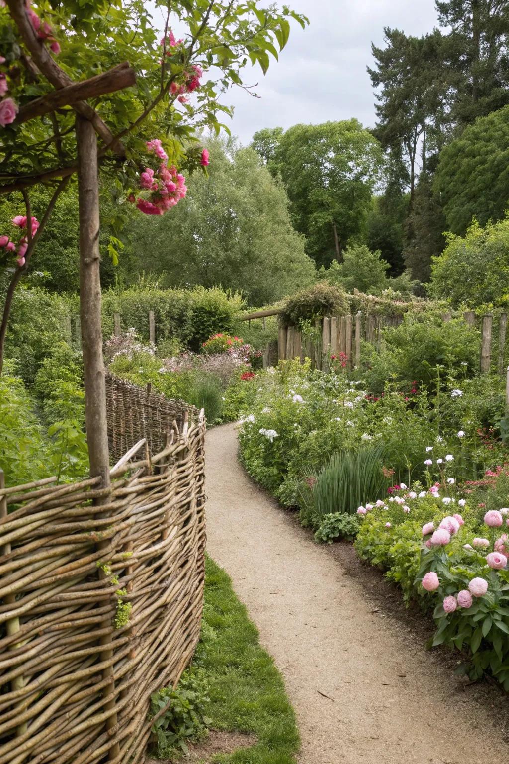 Rustic charm with natural wicker fencing.