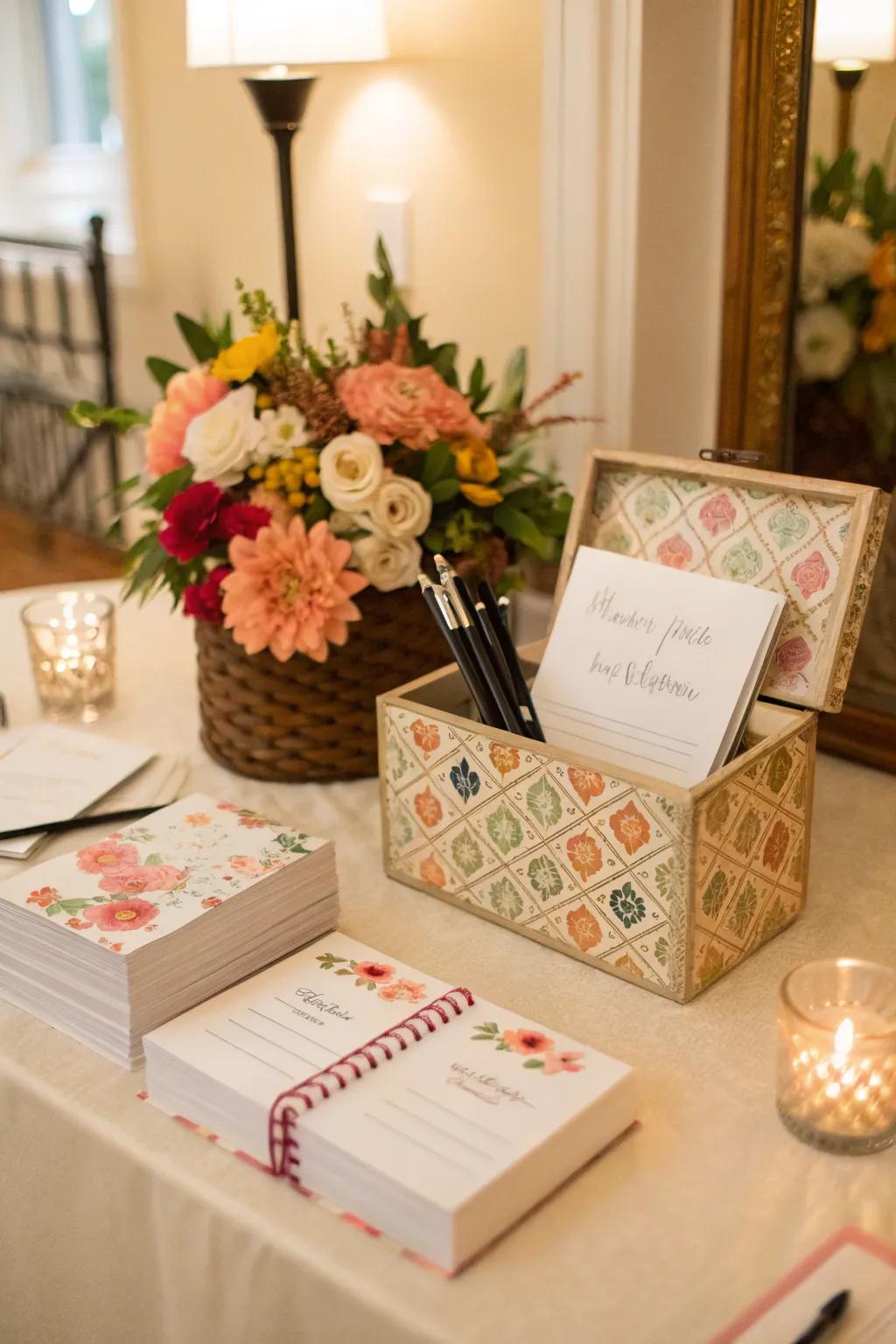 A thoughtful 'Advice Cards' station at a gender reveal.