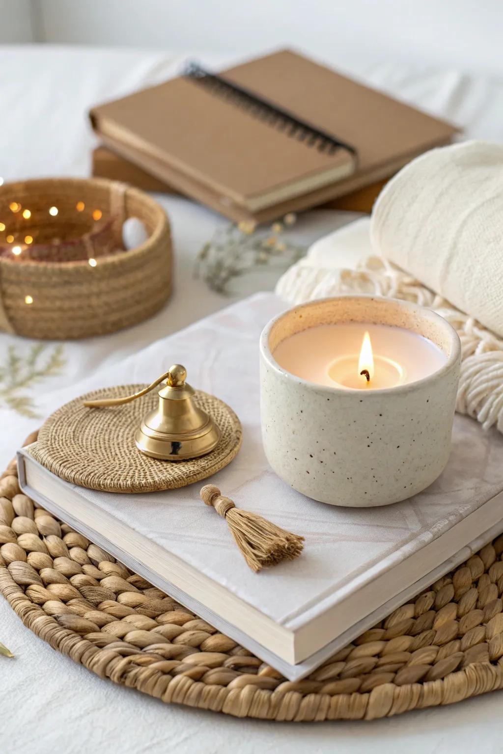 Illuminate your mindfulness journey with this serene gift basket centerpiece.
