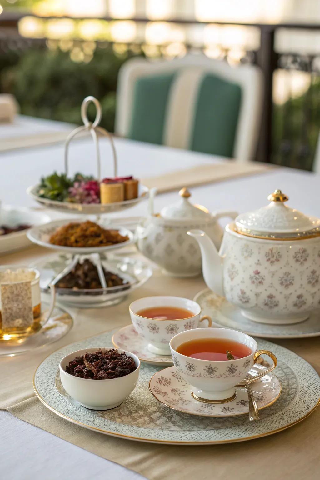 An elegant tea set enhances her tea-drinking experience.