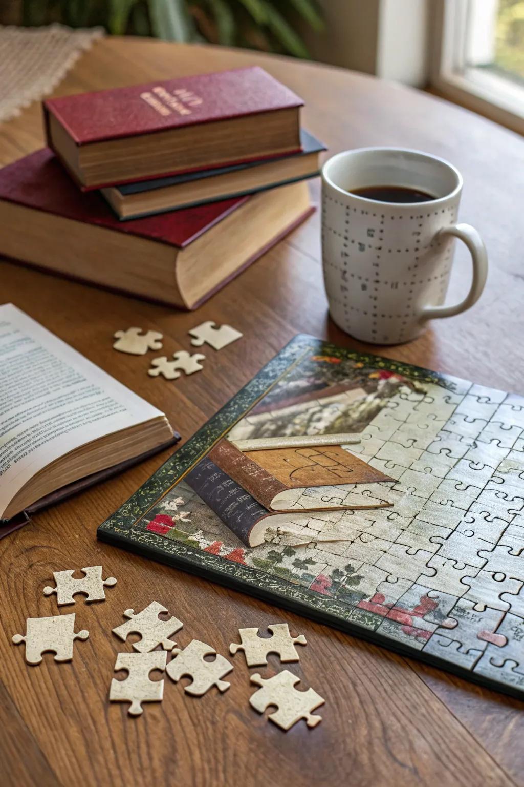 A book-themed puzzle is a playful way to engage with literature.