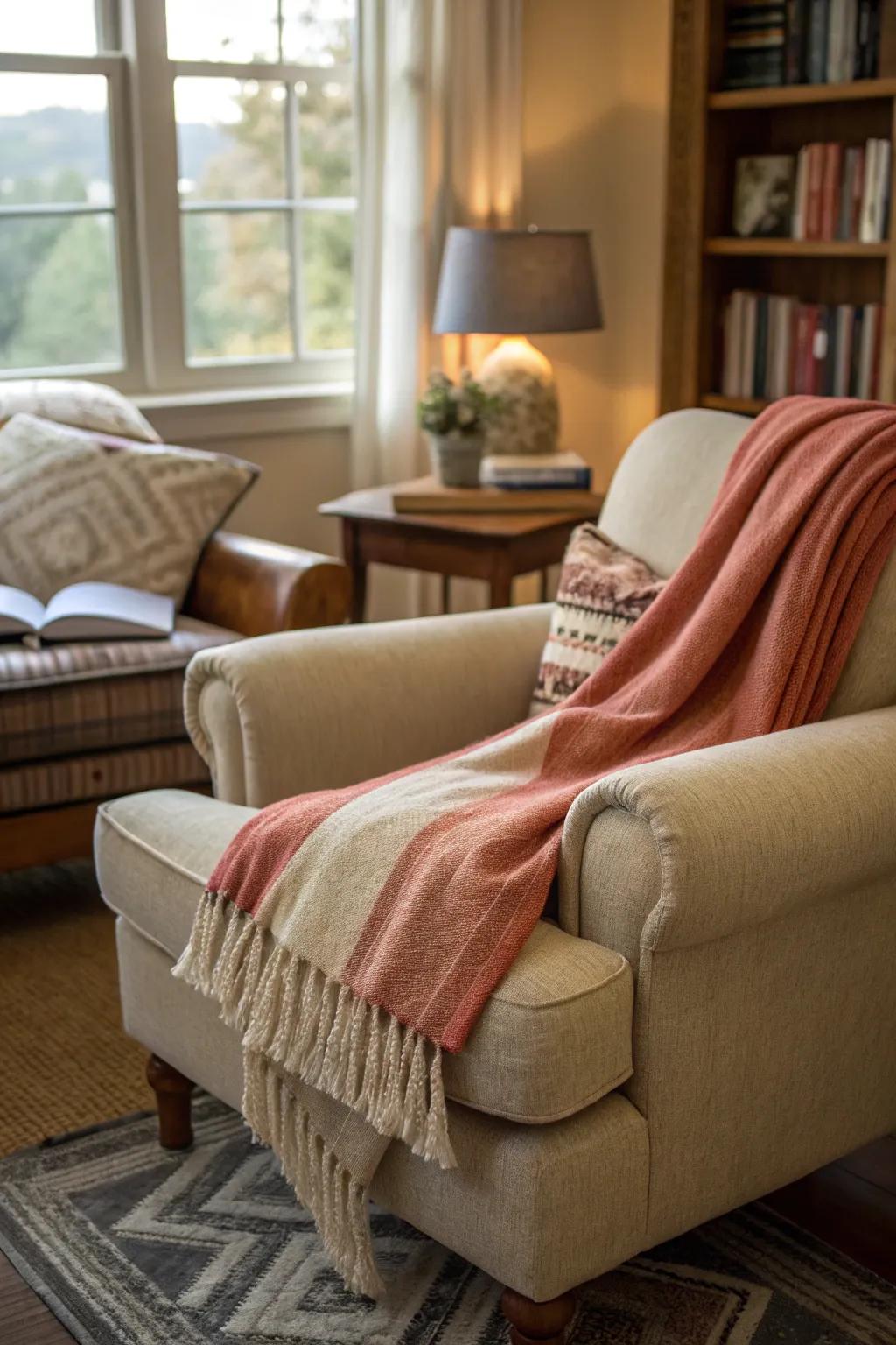 A cozy throw blanket adds warmth and comfort to any space.