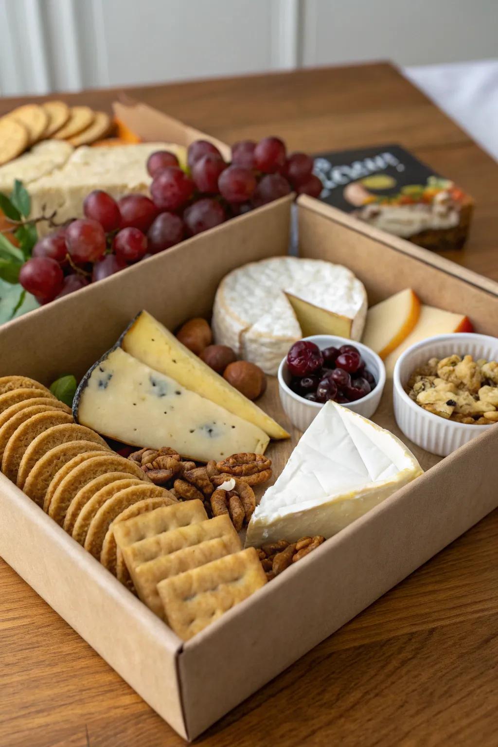 An artisanal cheese box that promises a gourmet tasting experience.