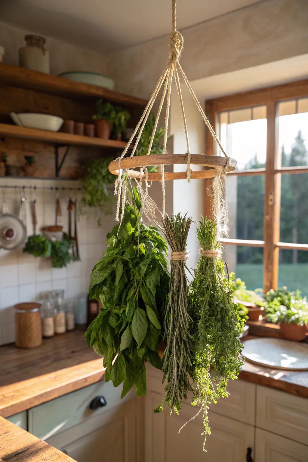 A herb drying rack helps preserve garden herbs for later use.