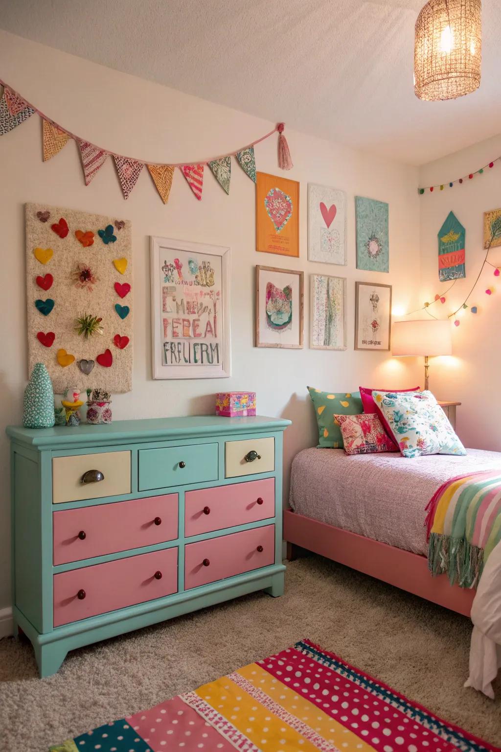 A girl's bedroom featuring DIY crafted wall art and furniture for a personal touch.