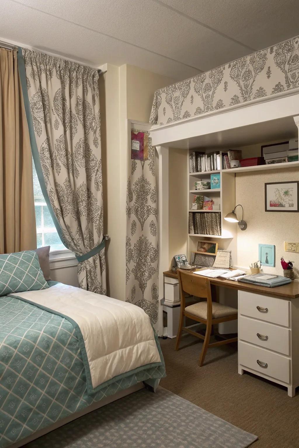 Curtains enhance privacy and style in your dorm room.