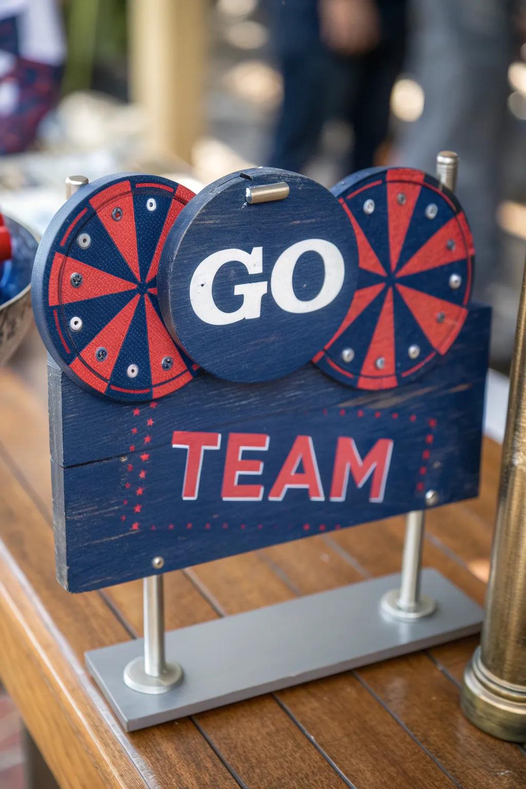 Unleash the excitement with our interactive 'Go Team' sign, where craftsmanship meets surprise!
