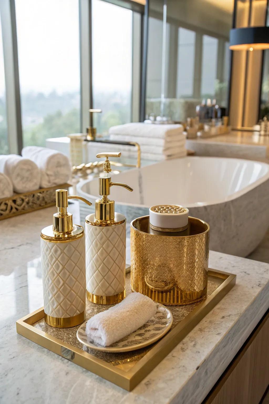 A bathroom with elegant gold-accented accessories.