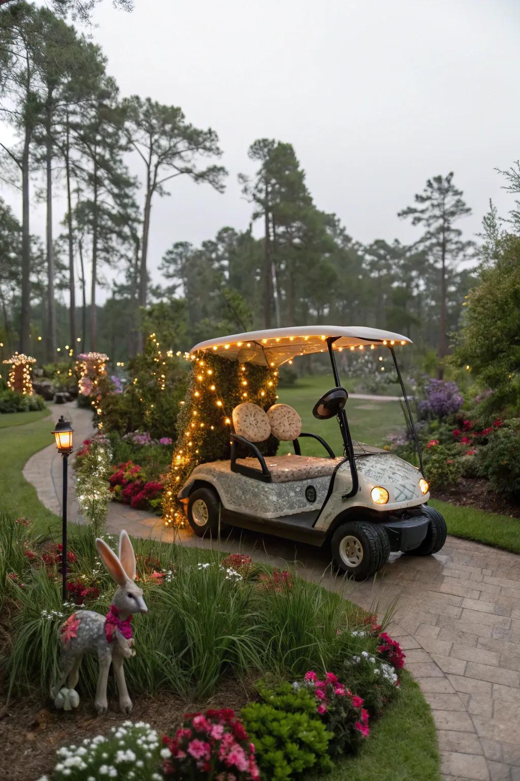 Enter a magical fairyland with this enchanting golf cart design.