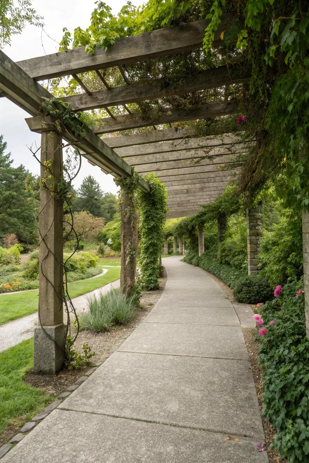 Granite walkway with a pergola overhead.