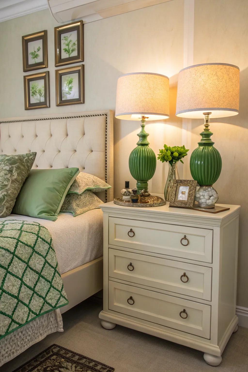 Cream nightstands with green accessories add charm and functionality.