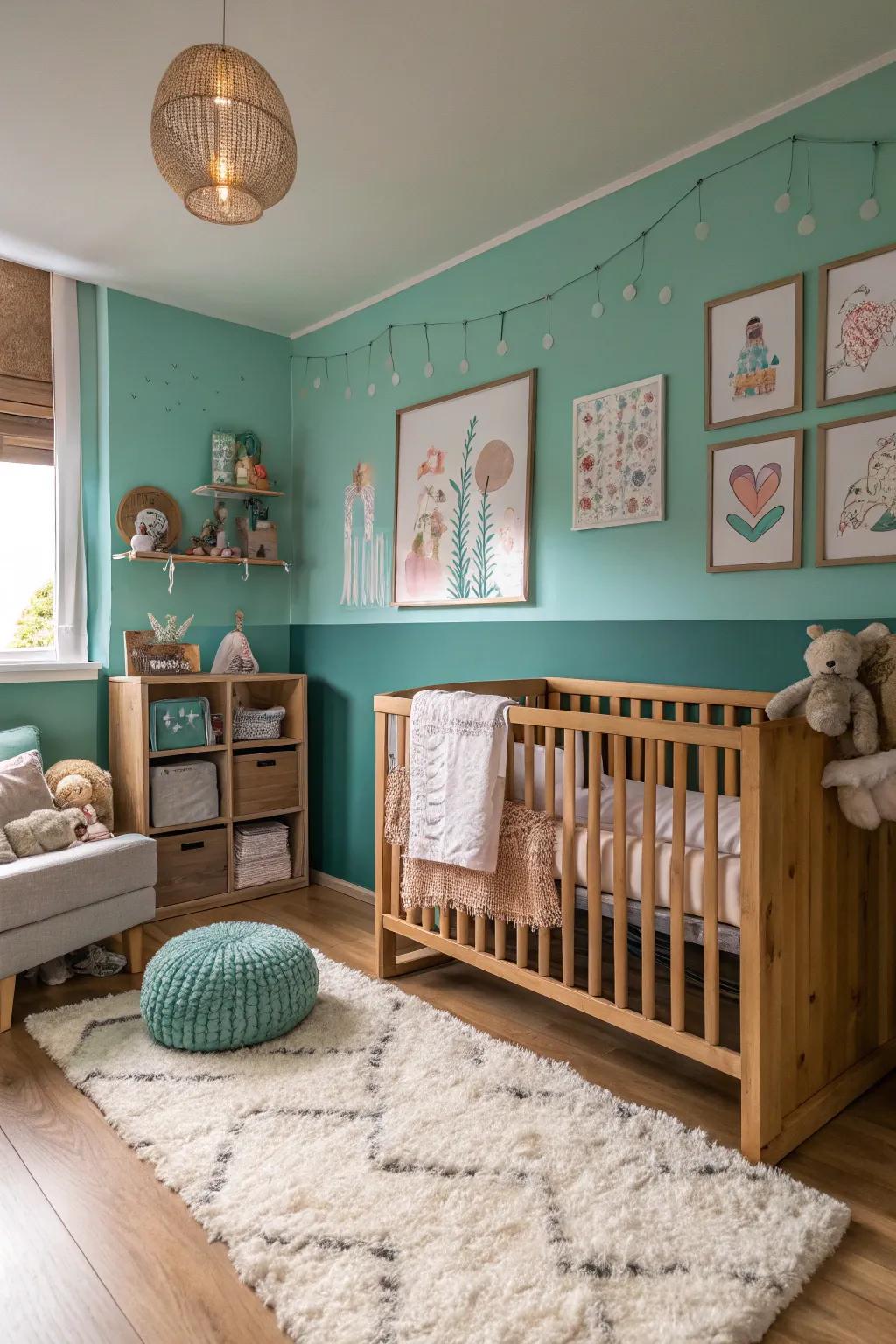 An inviting nursery showcasing the appeal of teal green.