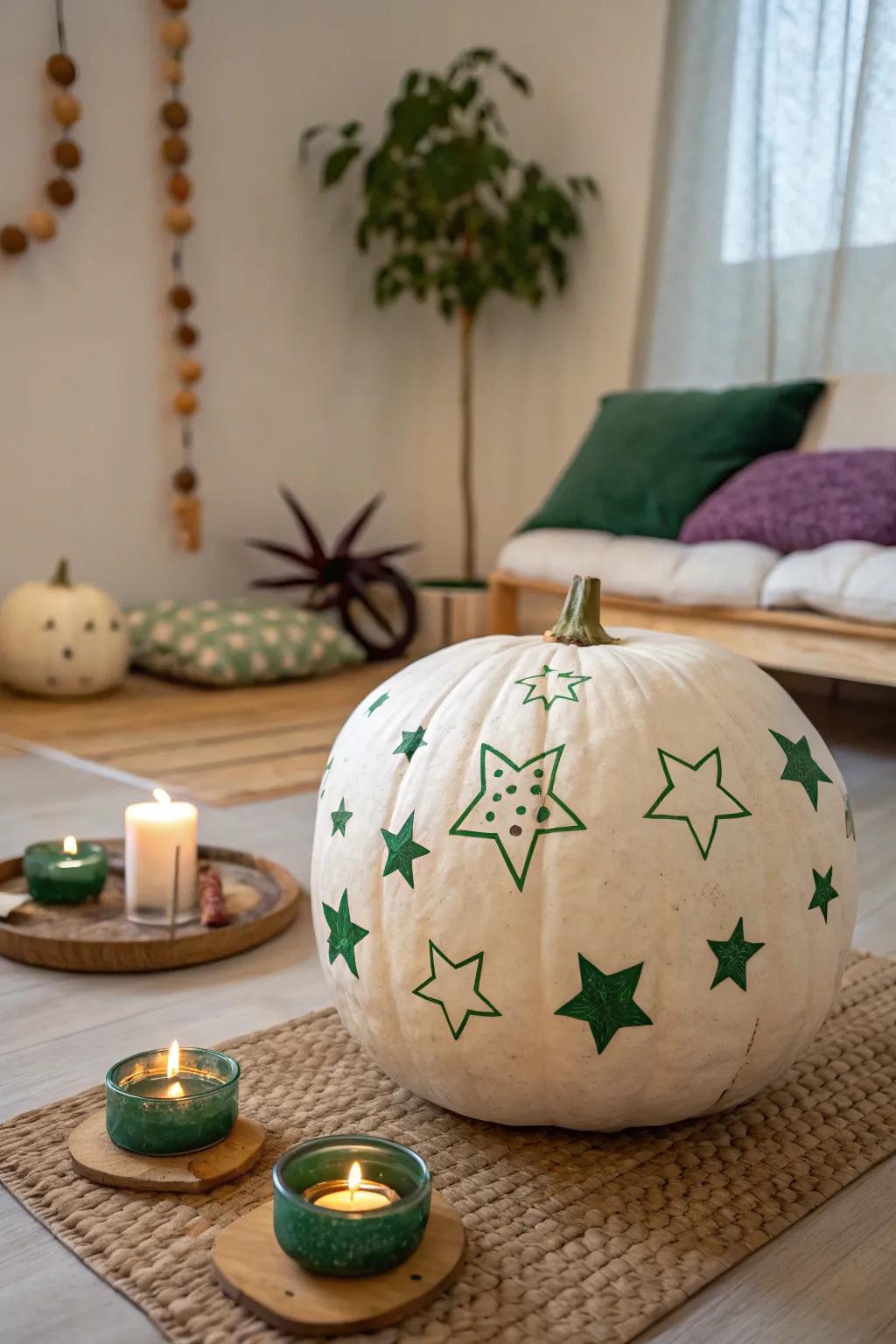 Celestial green star pumpkin adding magic to the meditation corner.