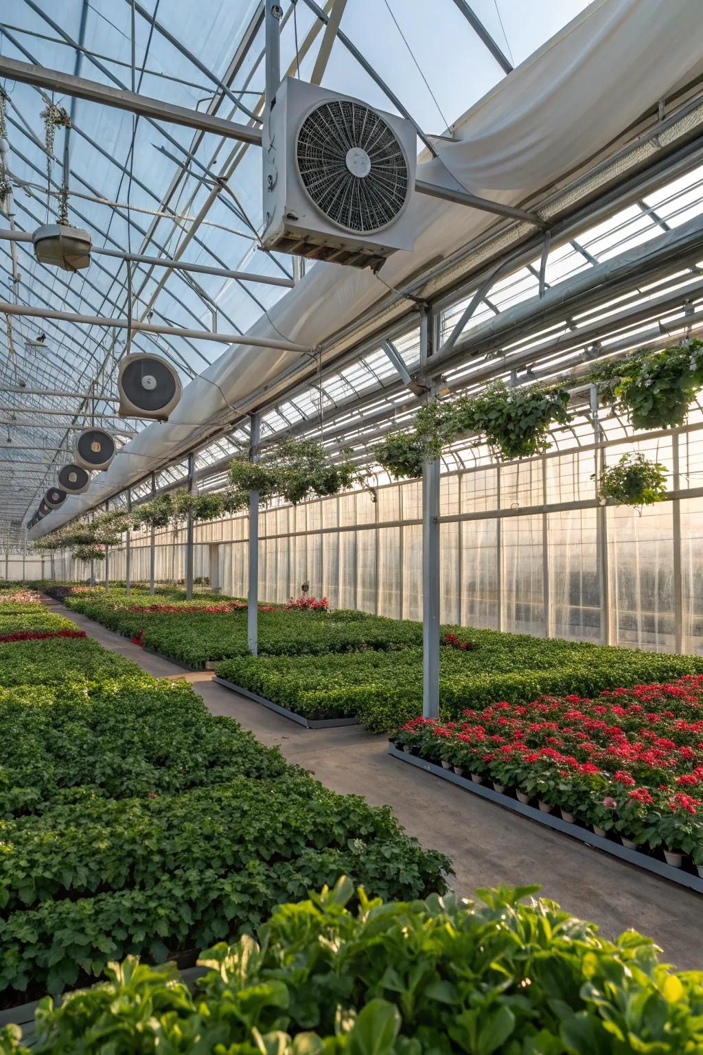 A comprehensive ventilation system in a greenhouse, ensuring optimal growing conditions.